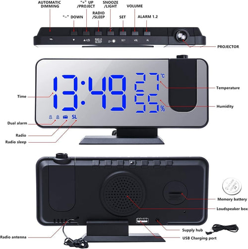 Black Projection Alarm Clock FM Radio USB Charger LED Temperature Display