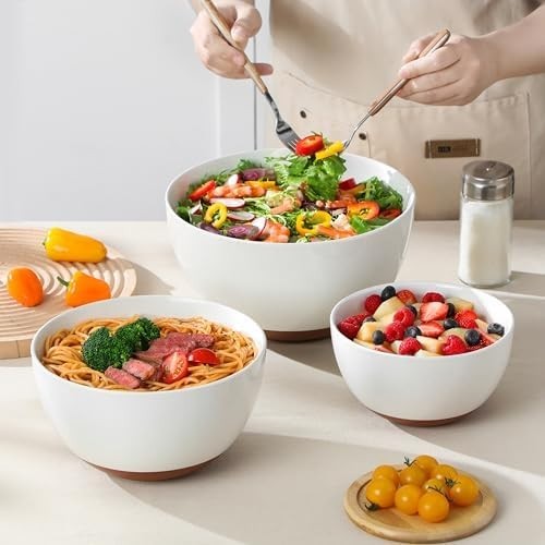 Large Ceramic Mixing Bowls Set of 3 Nesting Salad Soup Prep Bowls