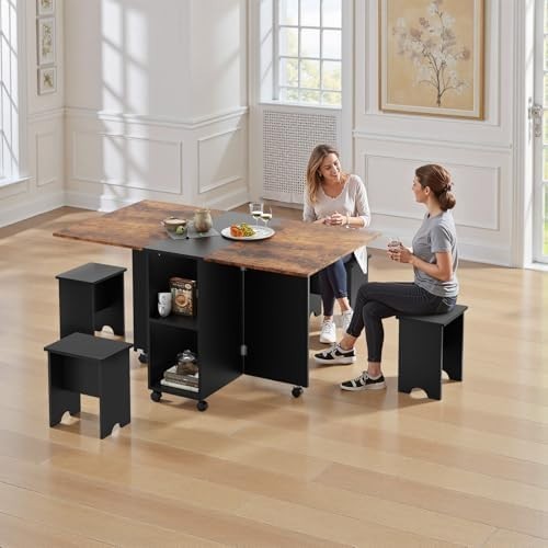 Foldable Dining Table Set with 4 Stools 140x80cm Space-Saving Kitchen Furniture