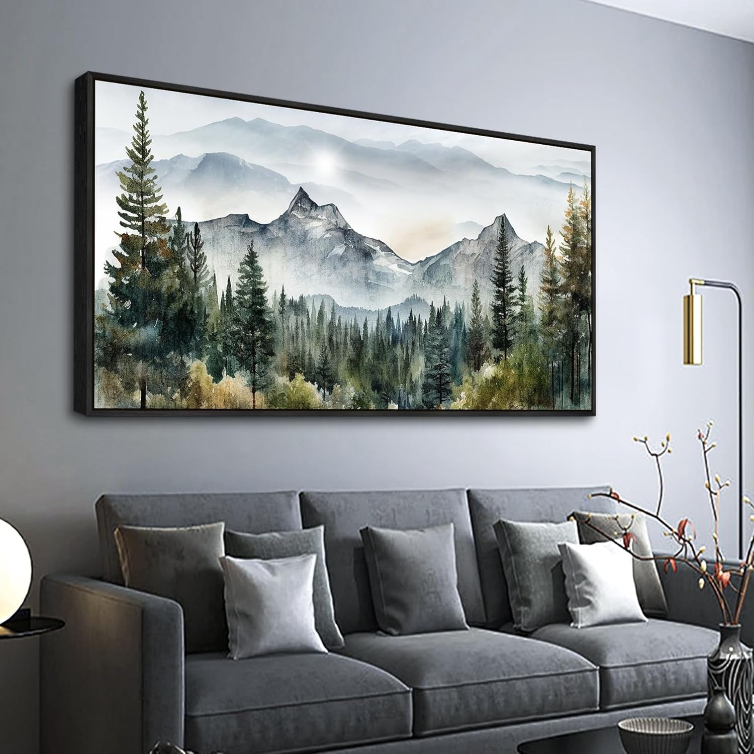 Large Black Framed Mountain Canvas Wall Art – Foggy Forest Landscape Decor