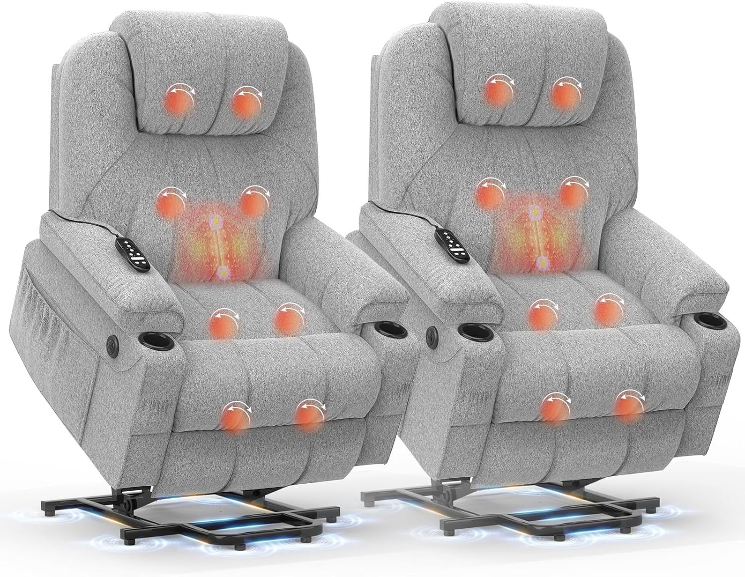 Set of 2 Lift Recliner Chairs Massage USB-C Footrest Faux Leather Light Grey
