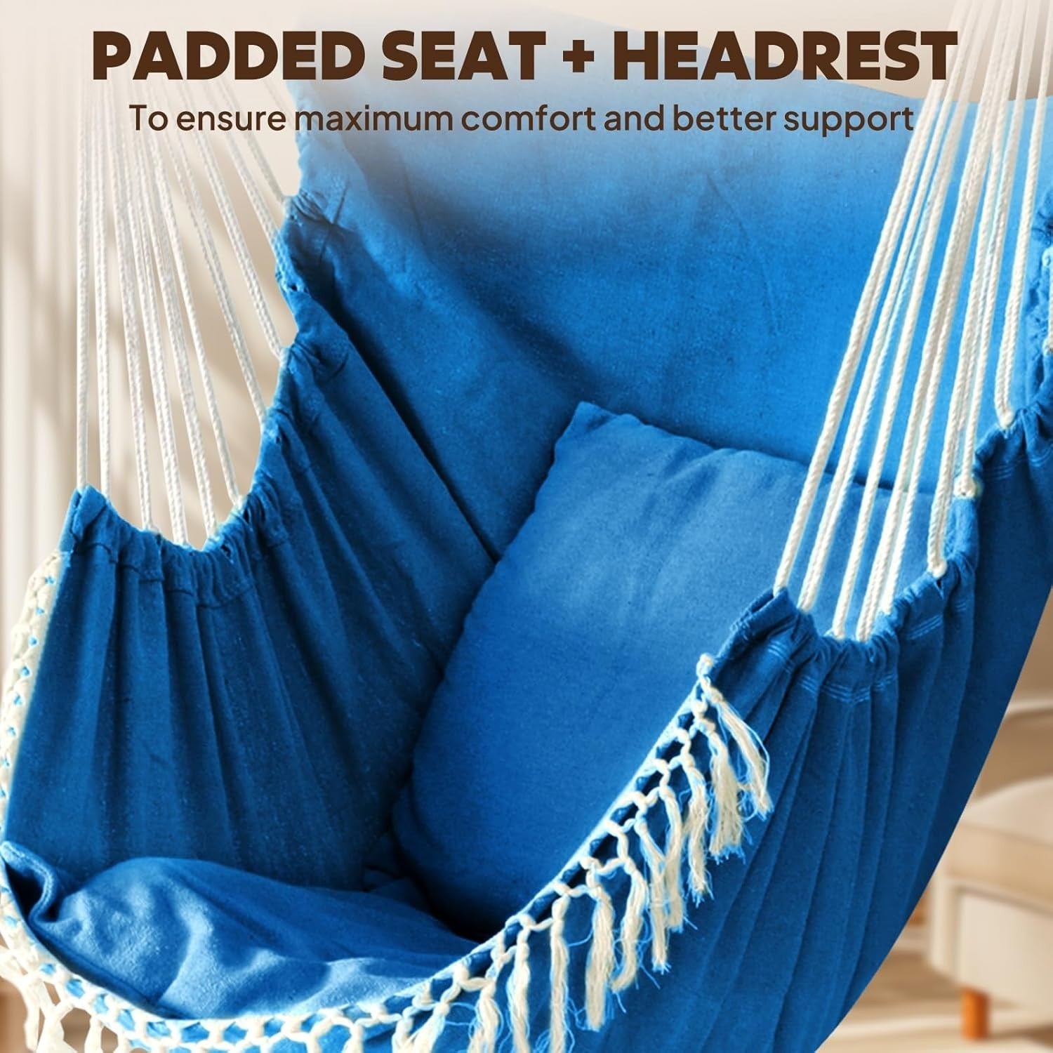 Royal Blue Hammock Chair with 2 Cushions & Straps | 500lbs Indoor Outdoor