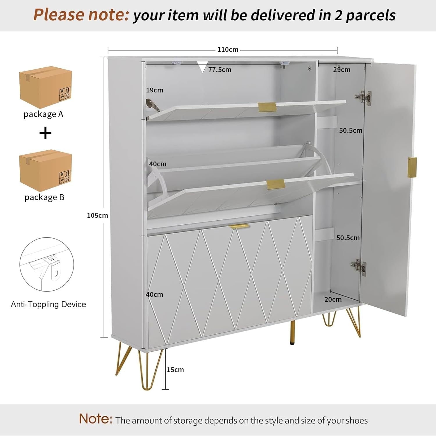 Narrow Shoe Cabinet 16 Pair Storage w/ Hidden Shelf & Boot Space – White