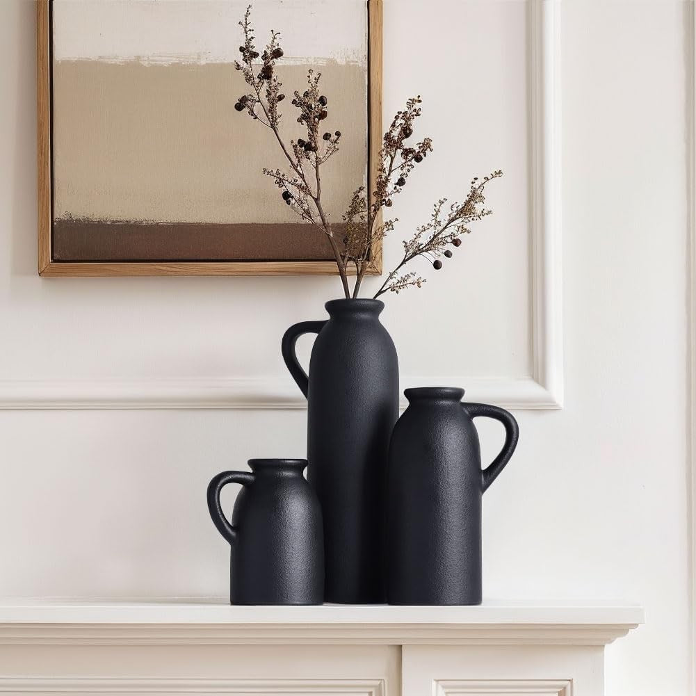 Black Ceramic Vase Set of 3 Matte Jug Vases Farmhouse Table Home Decor
