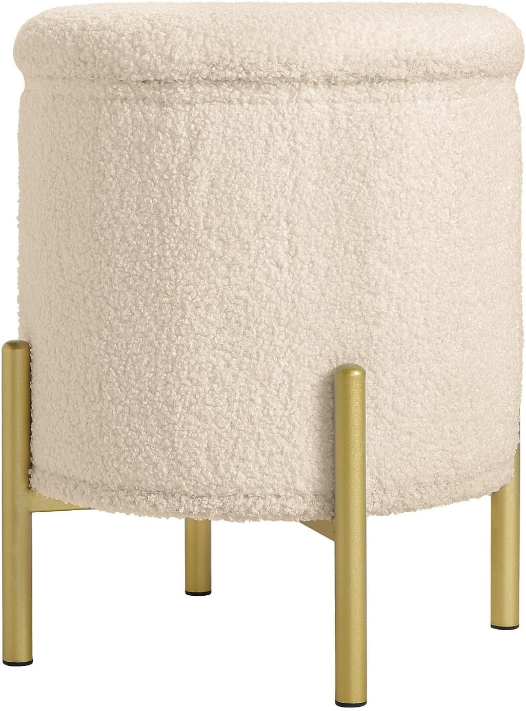 Beige Teddy Fleece Ottoman Stool with Storage Round Folding Seat 41cm