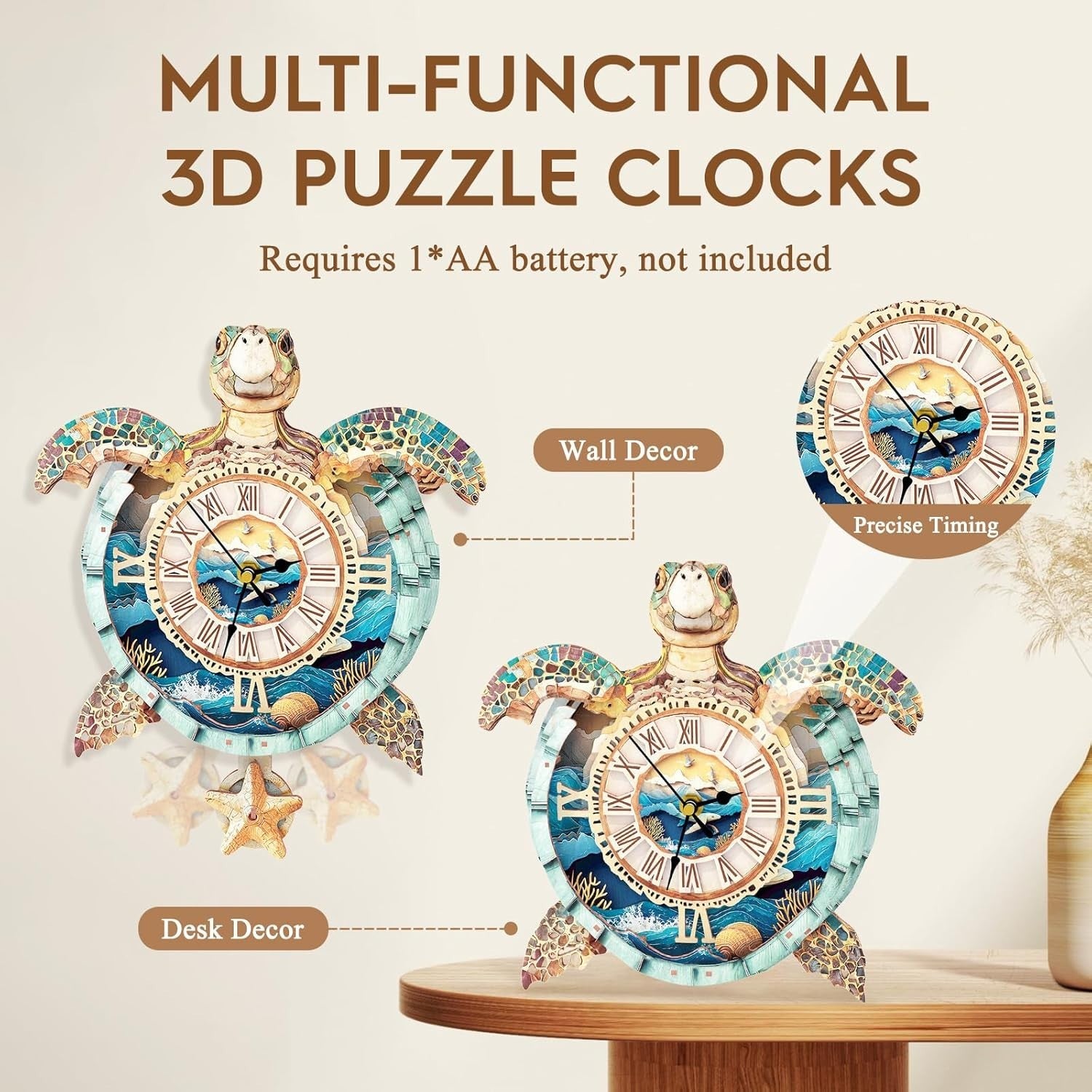 3D Turtle Clock Wooden Puzzle Functional Timepiece DIY Home Decor