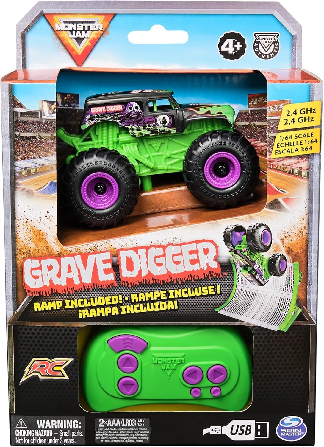 Grave Digger RC Monster Truck 1:64 Scale 2.4GHz Ramp Kids Toy Rechargeable