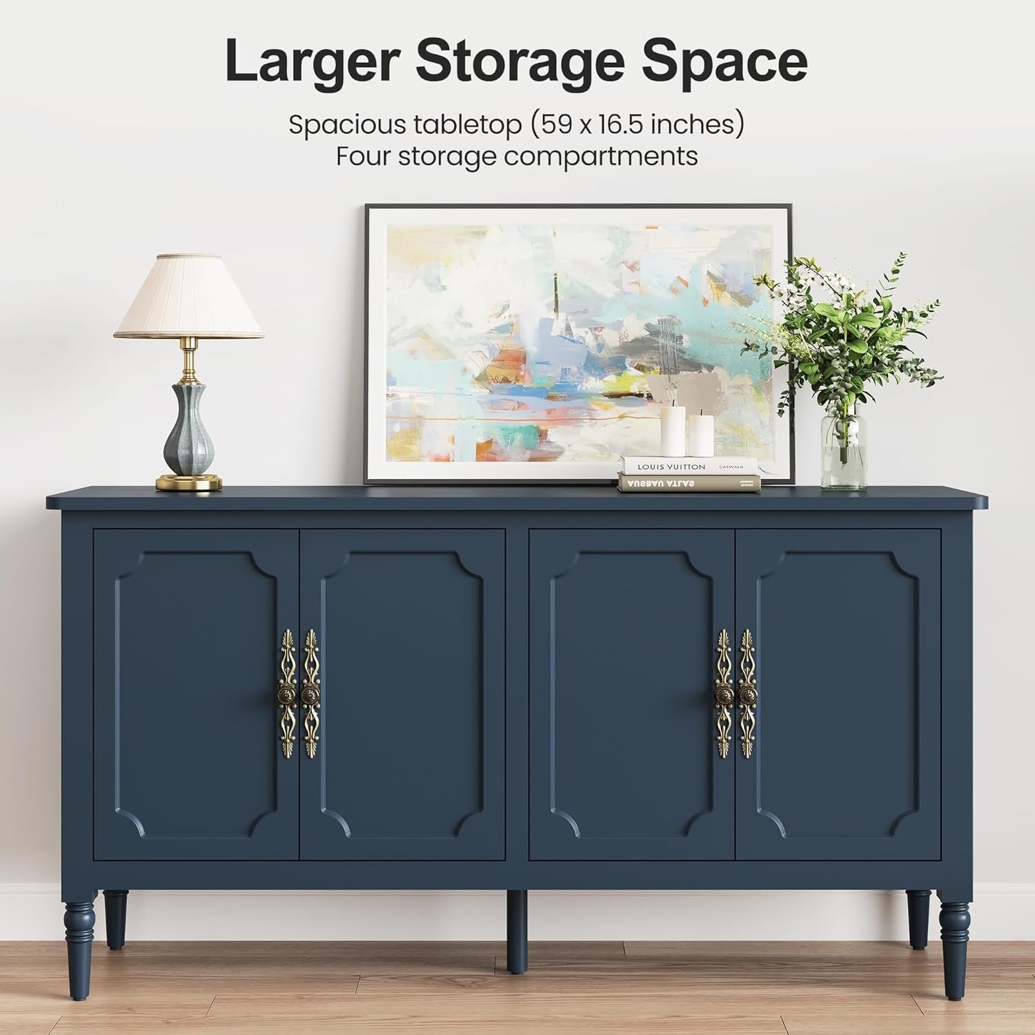 58" Mid Century Sideboard Cabinet with Storage, Adjustable Shelves, Blue