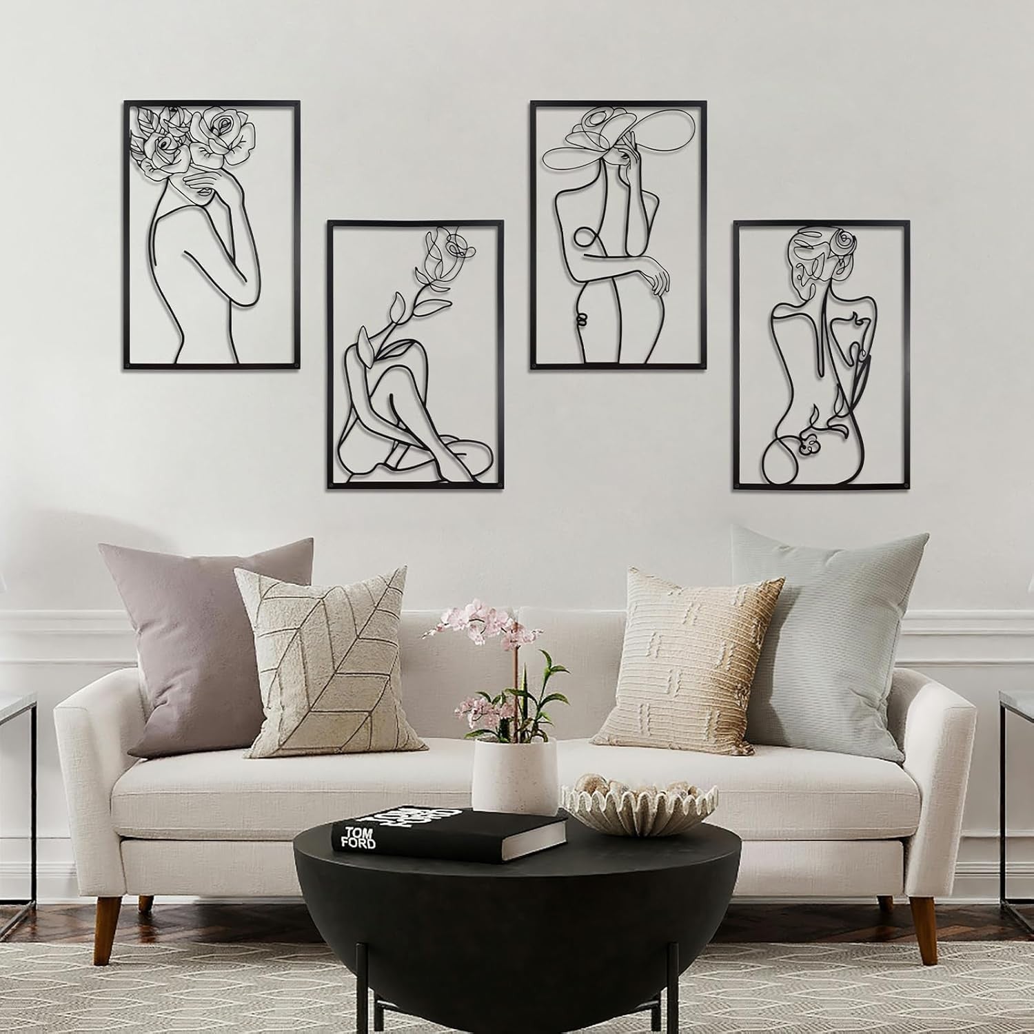 Framed Minimalist Wall Art Set of 4 Black Line Drawing