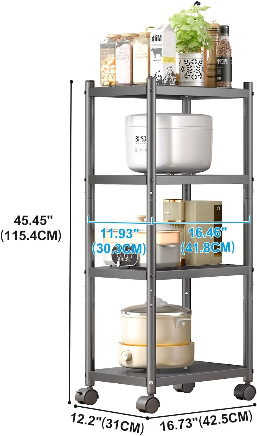 4 Tier Metal Storage Trolley on Wheels Narrow Shelving Unit Heavy Duty Rack