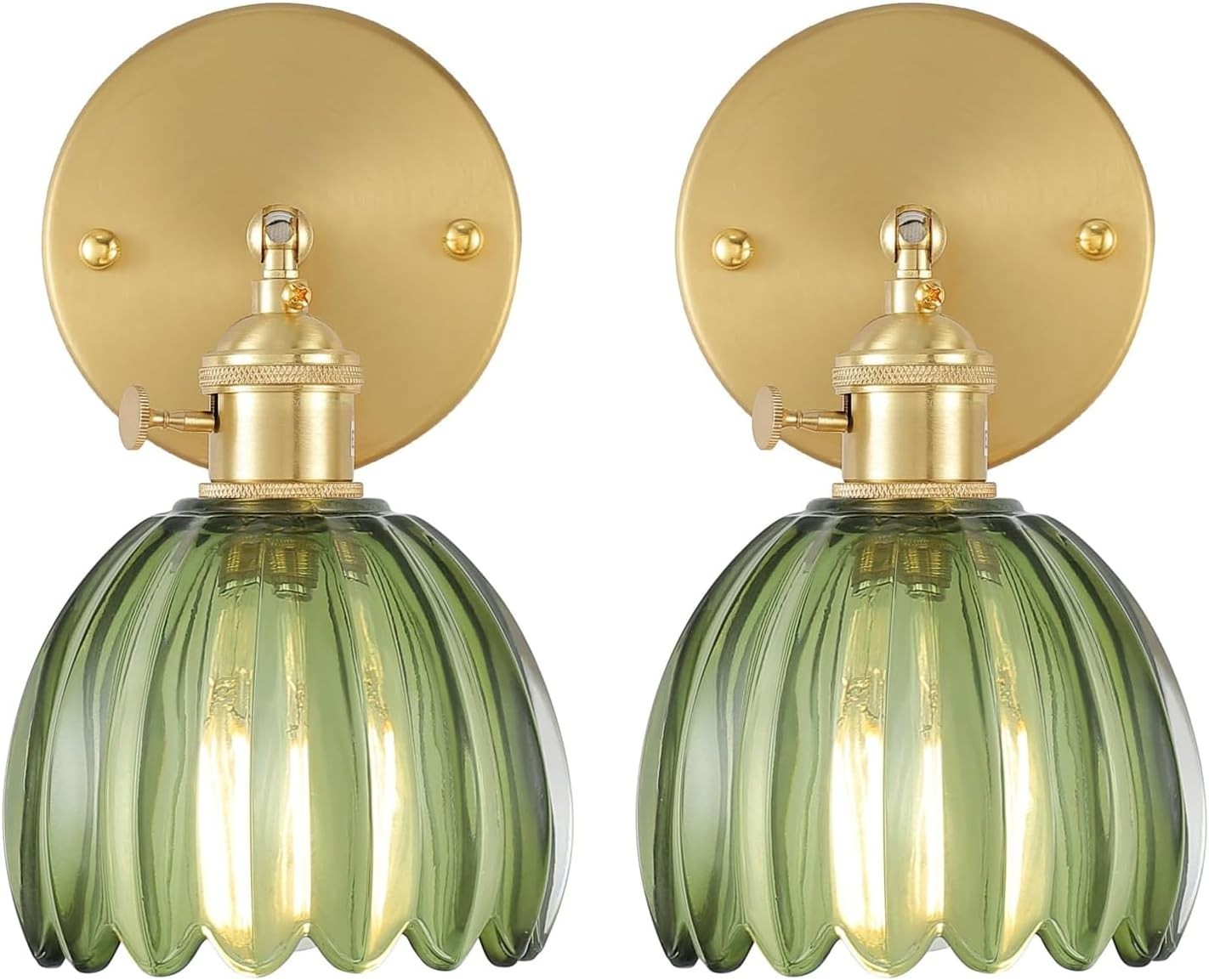 Vintage Wall Sconces Set of 2 Tulip Green Adjustable Brass Wall Lamps