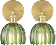 Vintage Wall Sconces Set of 2 Tulip Green Adjustable Brass Wall Lamps