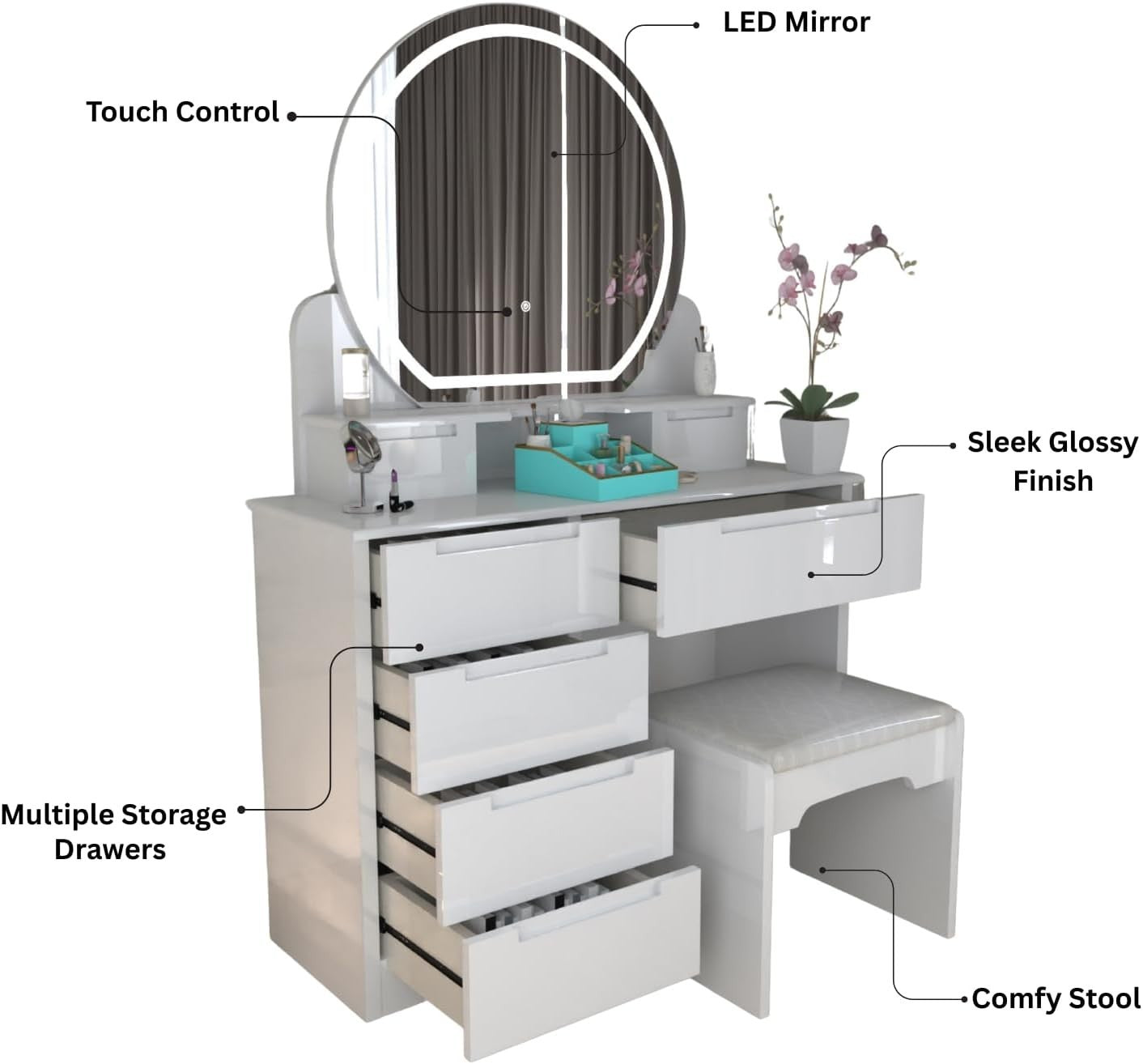White Dressing Table Makeup Vanity Desk w/ Mirror Modern 5 Drawer High Gloss