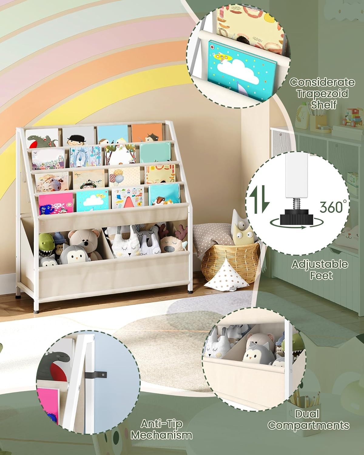 4-Tier Kids Bookshelf Toddler Bookcase Large Capacity Toy Storage Shelf
