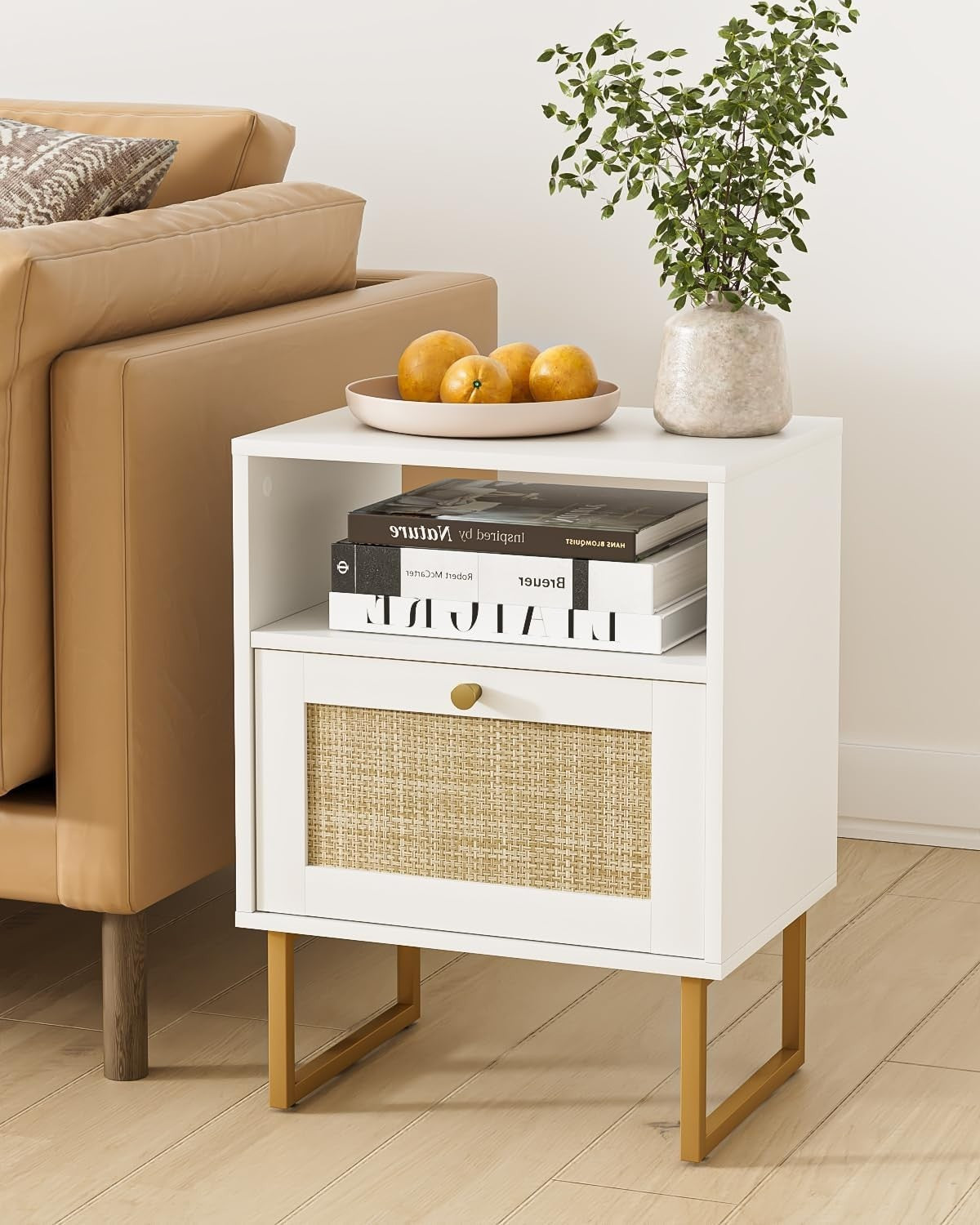 White Rattan Bedside Table with Drawer XL Nightstand Boho Oak Side Table