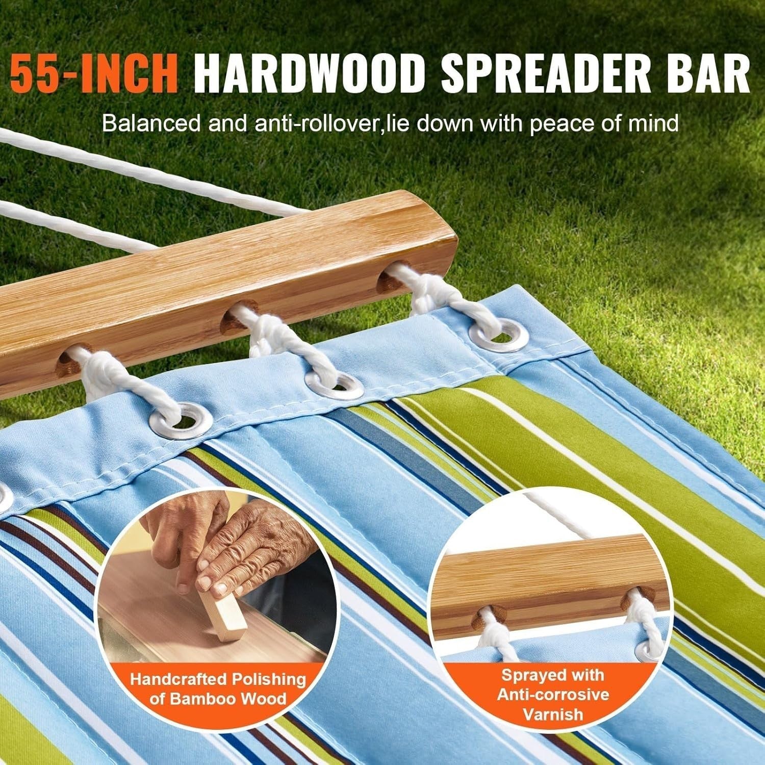 Luxury Double Hammock w/ Pillow & Hardwood Bar – Outdoor Garden, Patio, Camping