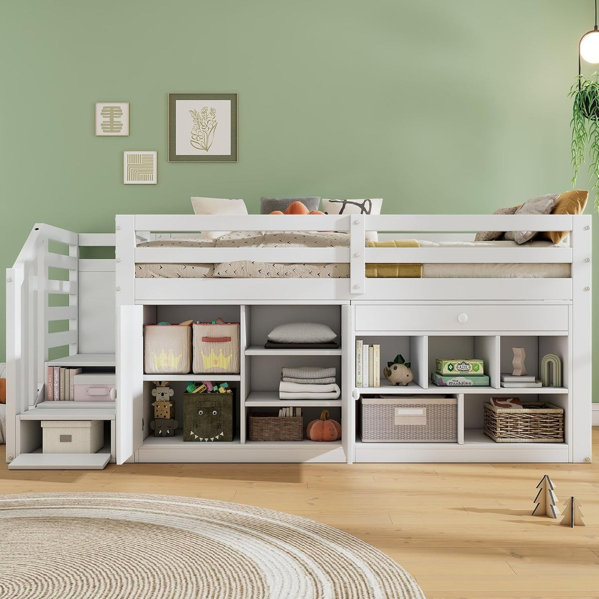 Midsleeper Kids Bed with Storage Drawers, Desk & Stairs, White 90x190cm Wood Fra