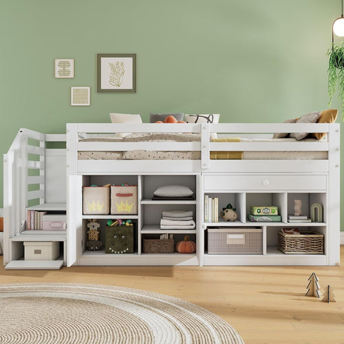 Midsleeper Kids Bed with Storage Drawers, Desk & Stairs, White 90x190cm Wood Fra