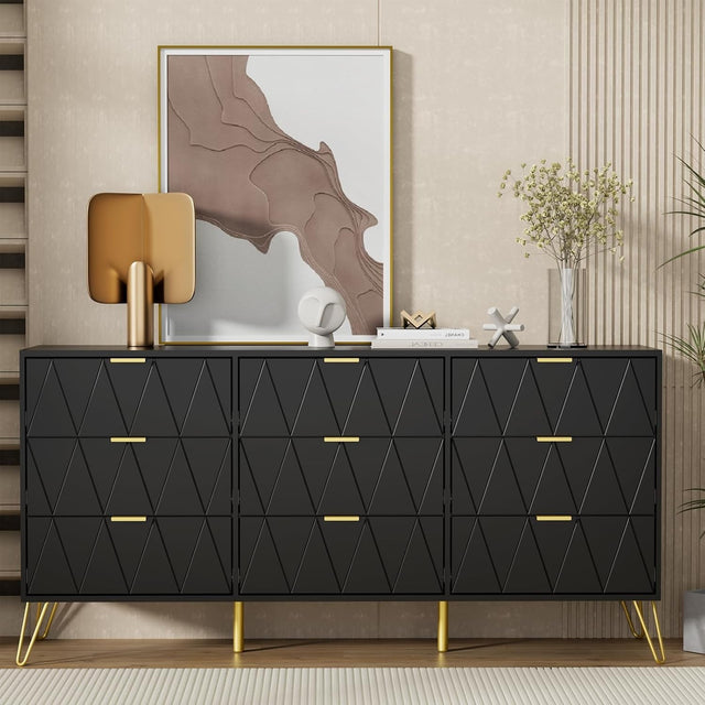 Black 9 Drawer Chest of Drawers Wide Modern Dresser Cabinet for Bedroom