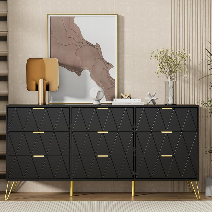 Black 9 Drawer Chest of Drawers Wide Modern Dresser Cabinet for Bedroom