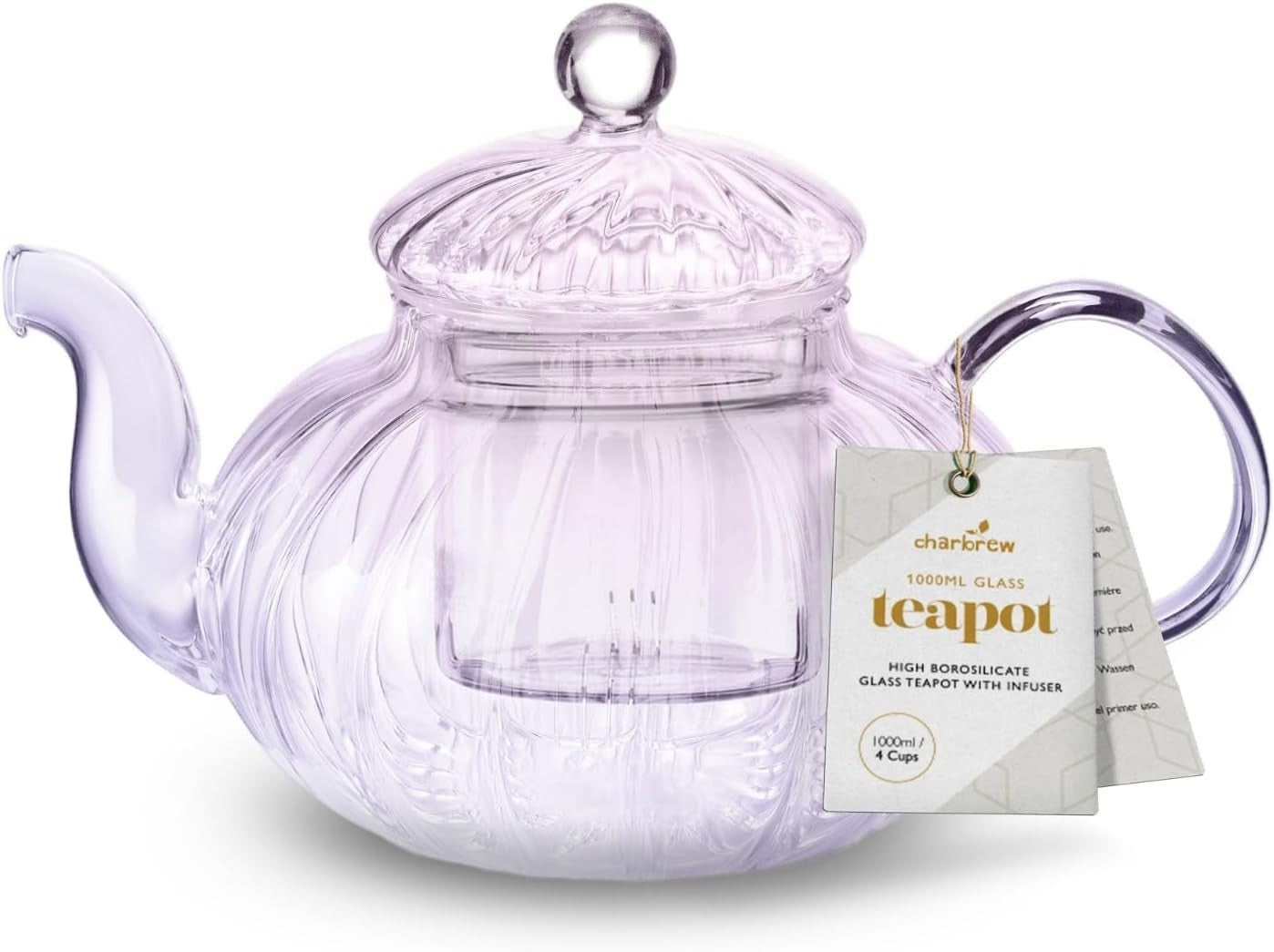 1000ml Glass Teapot with Infuser Ribbed Tea Pot Loose Leaf Tea Maker