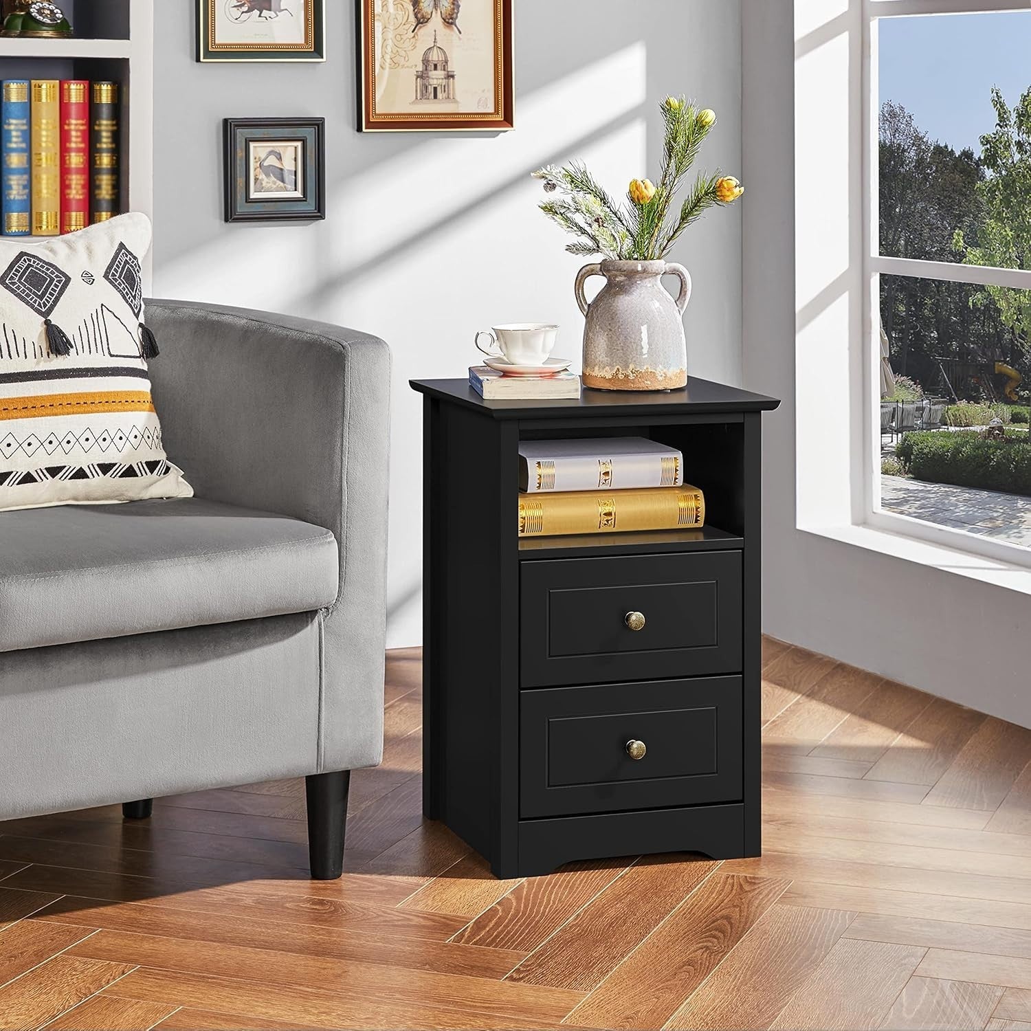 Black Bedside Tables Set of 2 – Wooden Nightstands with Drawers & Shelf