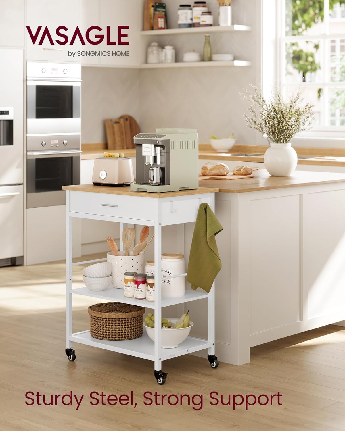 Kitchen Island Trolley on Wheels Storage Cart with Drawer Shelf Hooks