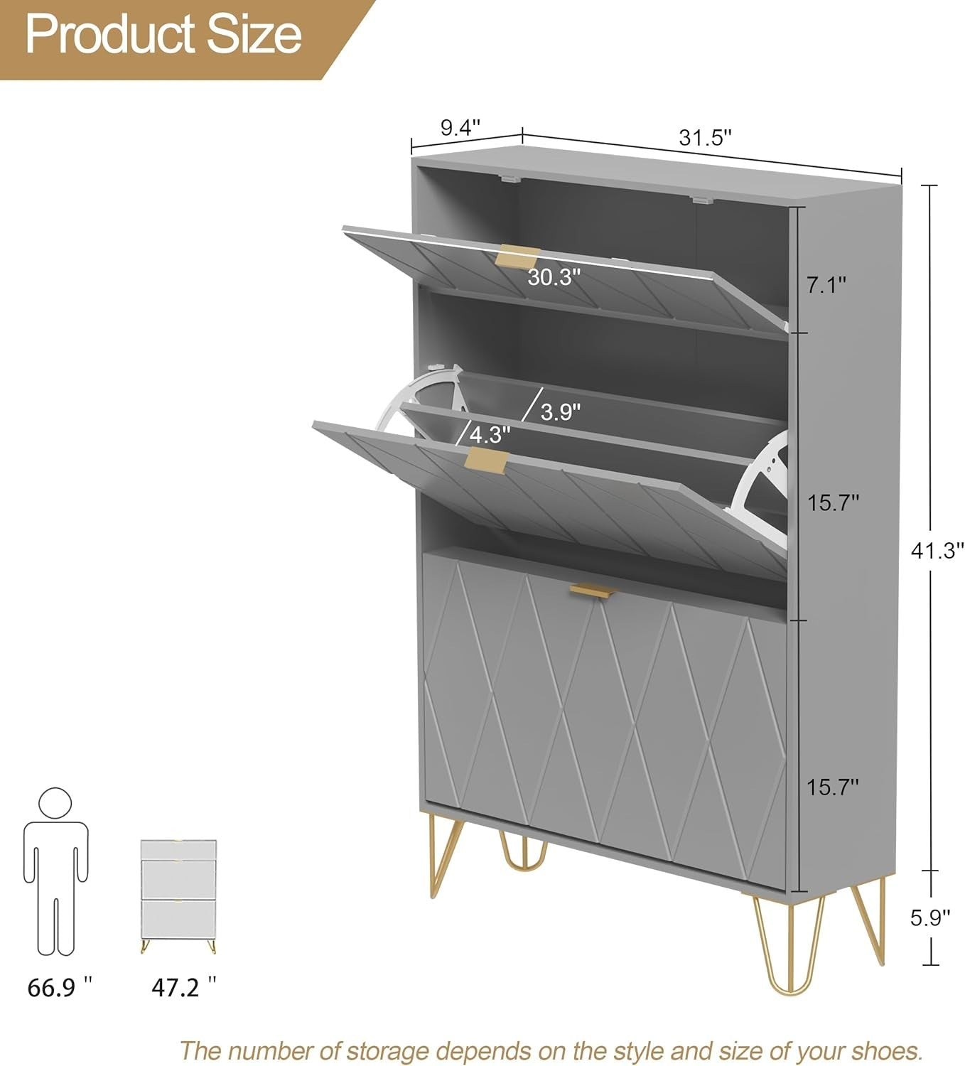 Modern Tilting Shoe Cabinet 16 Pair Storage 3 Compartment Hidden Shelf 80x120cm
