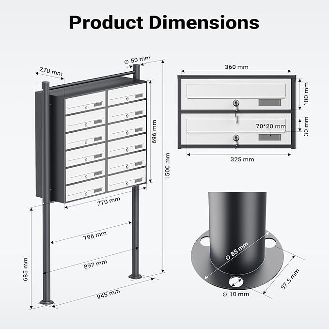 Outdoor Multi-Slot Letterbox System 12 Mailboxes Steel Lockable Anthracite White