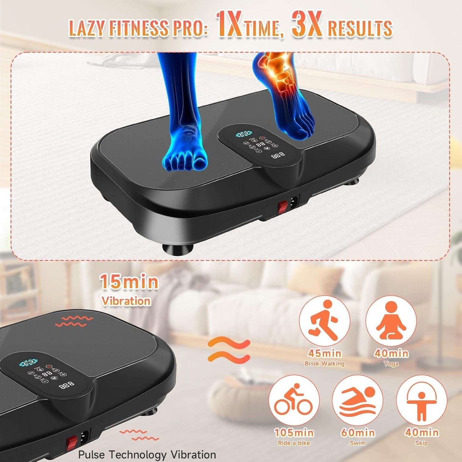 Black 4D Vibration Plate Exercise Machine w Heating 120 Speeds Bluetooth