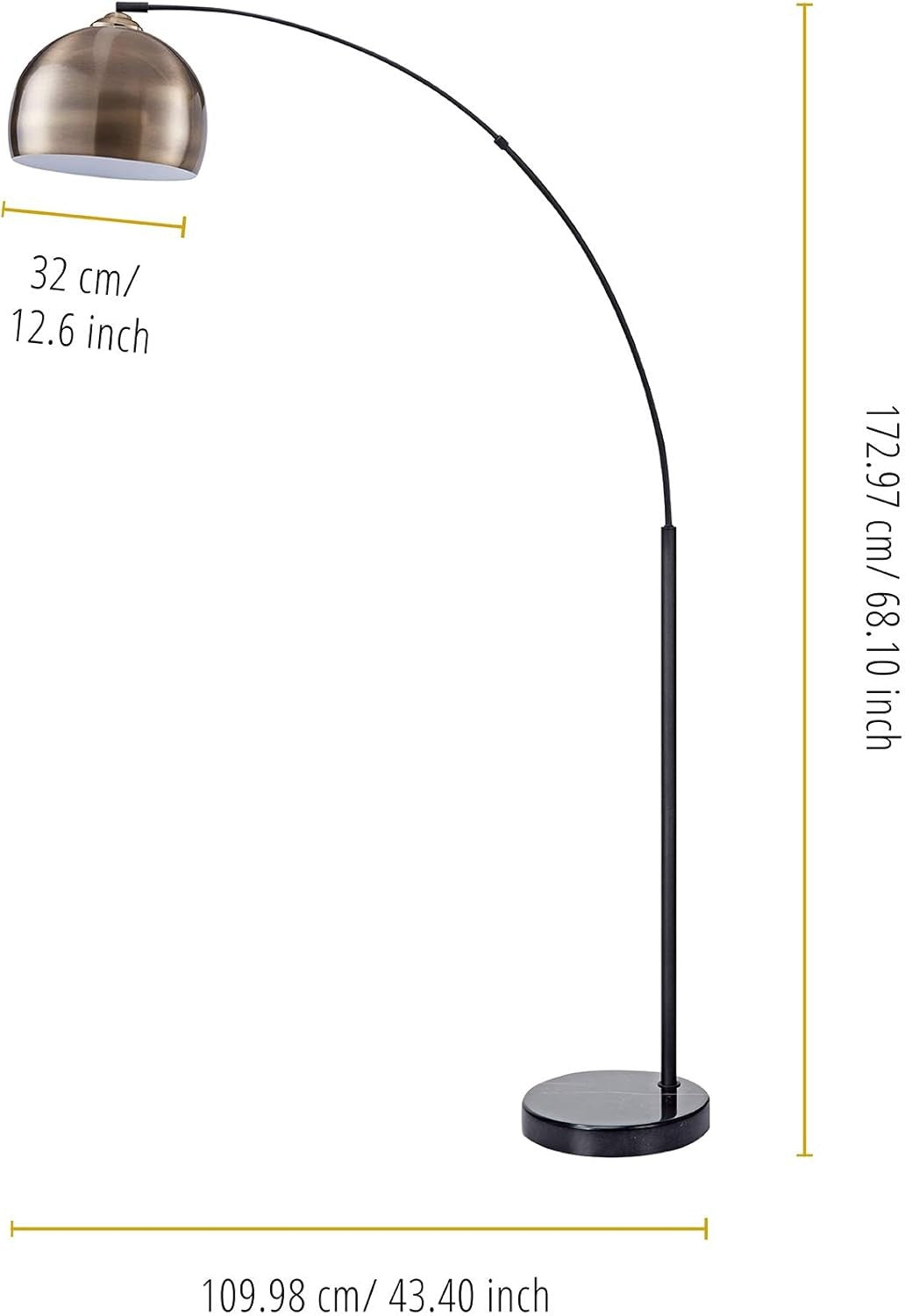 Arc Floor Lamp Antique Brass Shade Marble Base Curved Standing Living Room