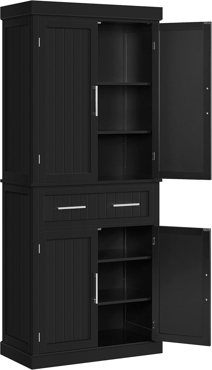 Tall Black Kitchen Pantry Cupboard Storage Cabinet with Drawer & Shelves
