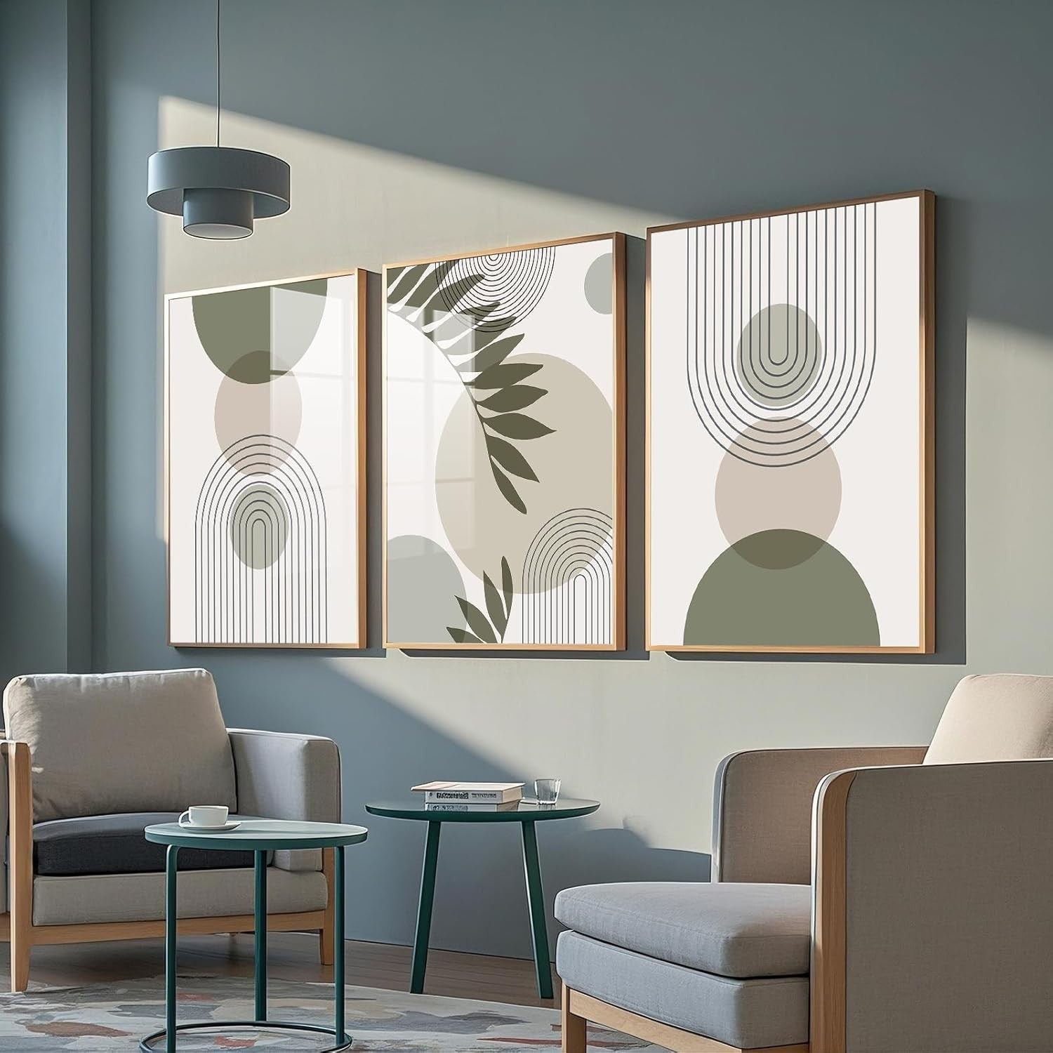 Sage Green Canvas Wall Art Set of 3 Boho Abstract Prints 60x90cm Unframed