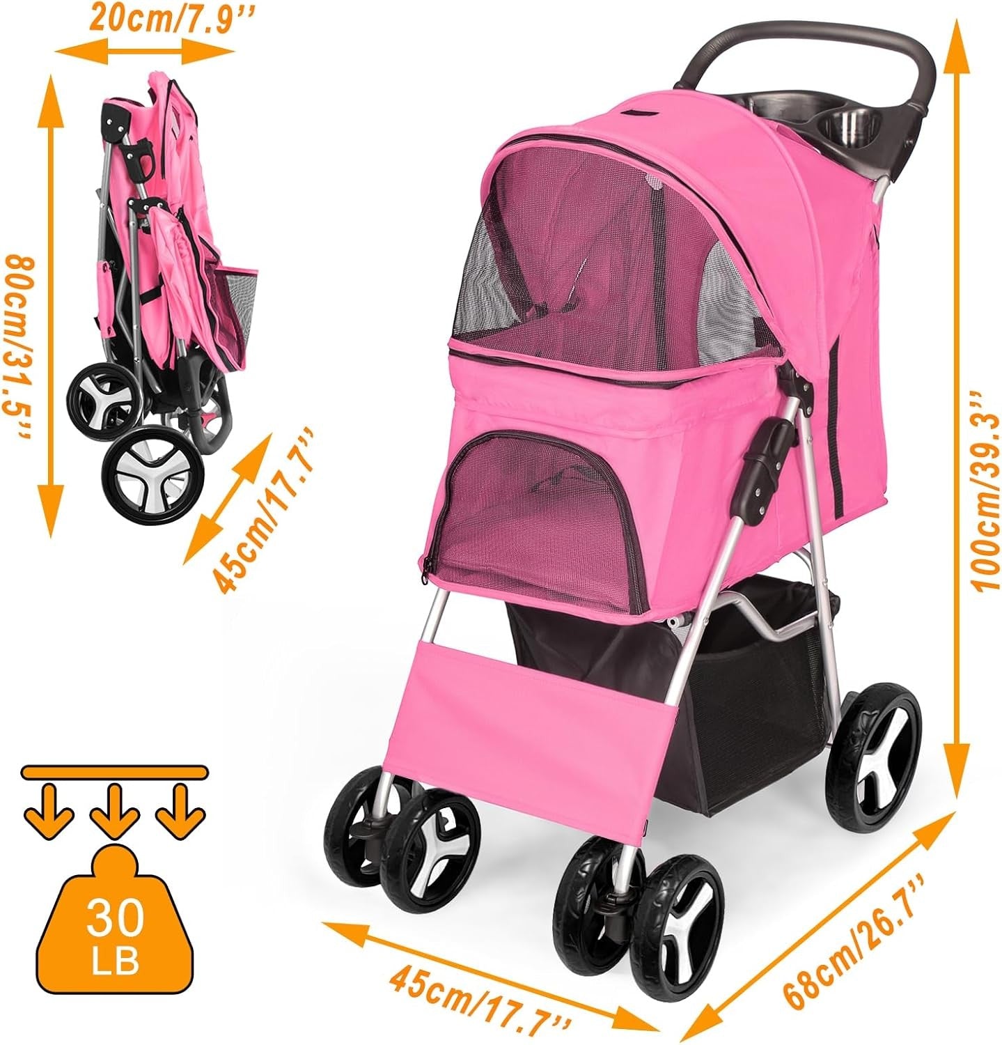 Pet Travel Stroller Dog Cat Pushchair 4 Wheel Folding Pram Jogger Pink