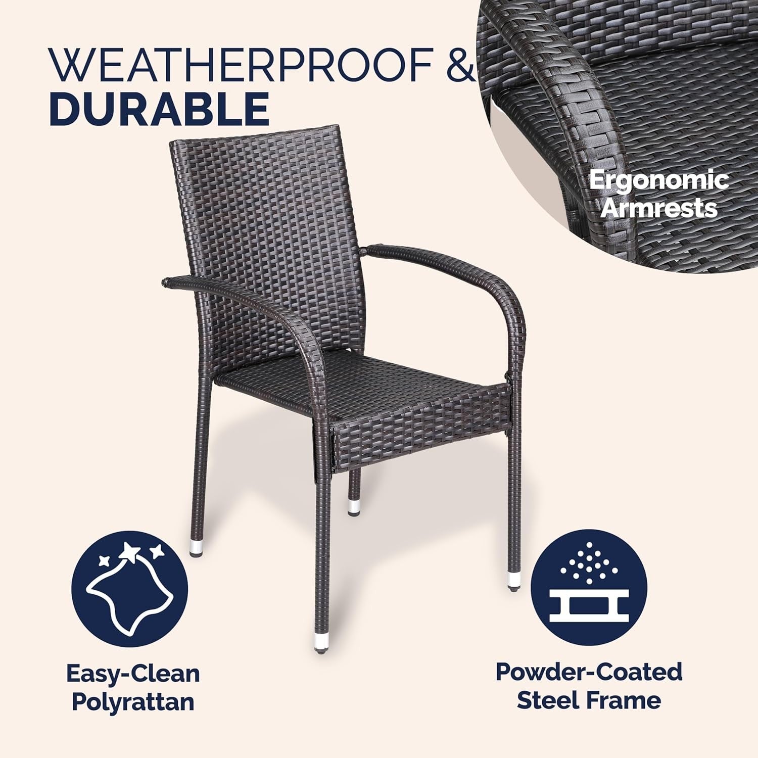 Stackable Rattan Garden Armchairs Set of 4 Weatherproof Patio Seating Brown