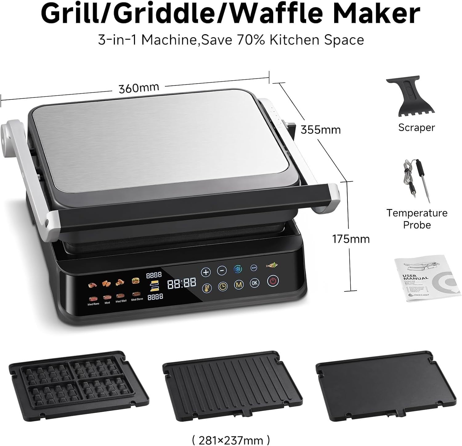 6-in-1 Electric Health Grill & Griddle 2000W with 180° Open Plates Non-Stick