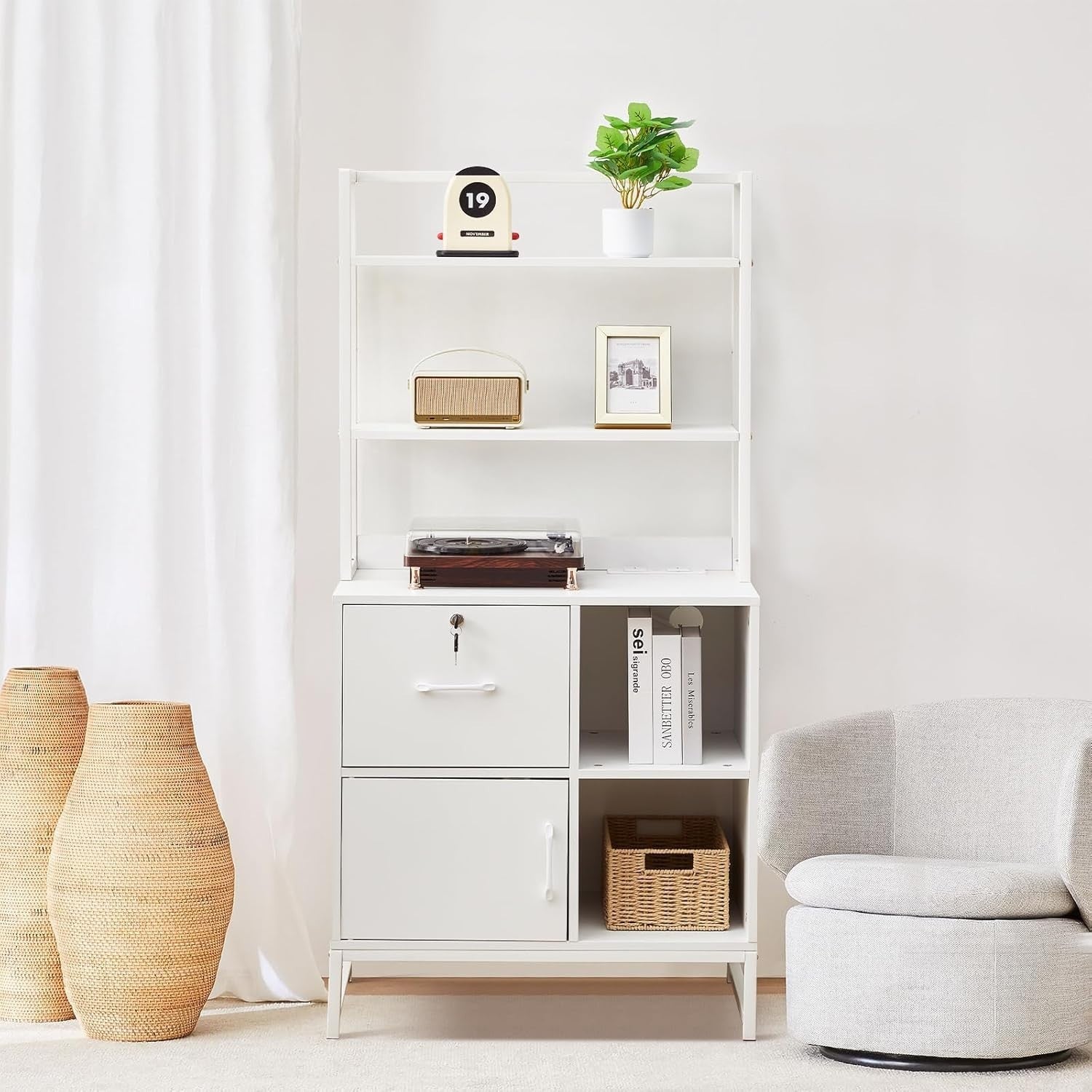 Lockable Filing Cabinet Stand with Charging Station 3 Tier Shelves White