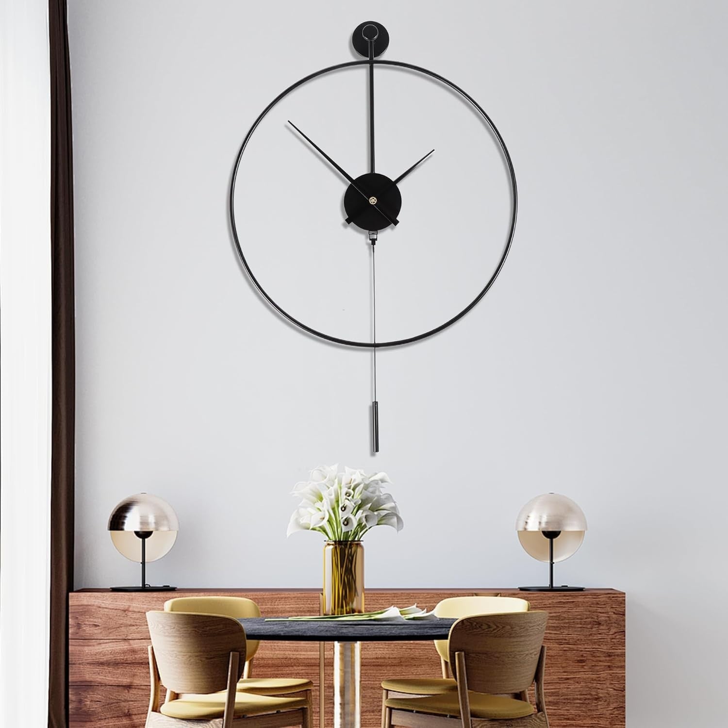 Silent Large 24” Metal Wall Clock with Pendulum - Modern Decor, Non-Ticking