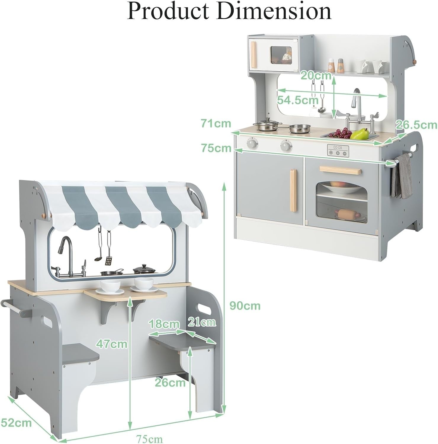2 Sided Kids Wooden Play Kitchen Diner Set Grey Pretend Toy