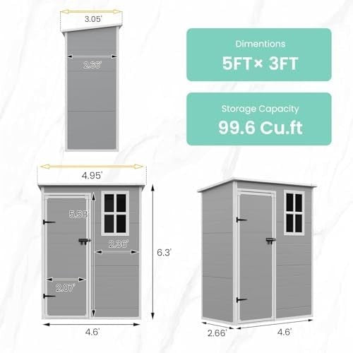 Plastic Garden Shed 5x3FT Outdoor Storage with Lock, Window & Floor Grey White