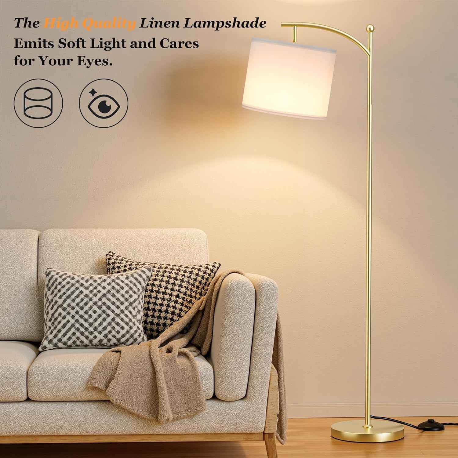 Gold Arc Floor Lamp Dimmable LED Remote Control Modern Standing Light