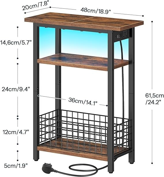 Slim Side Table with Charging Ports & LED Light, Narrow Bedside Nightstand