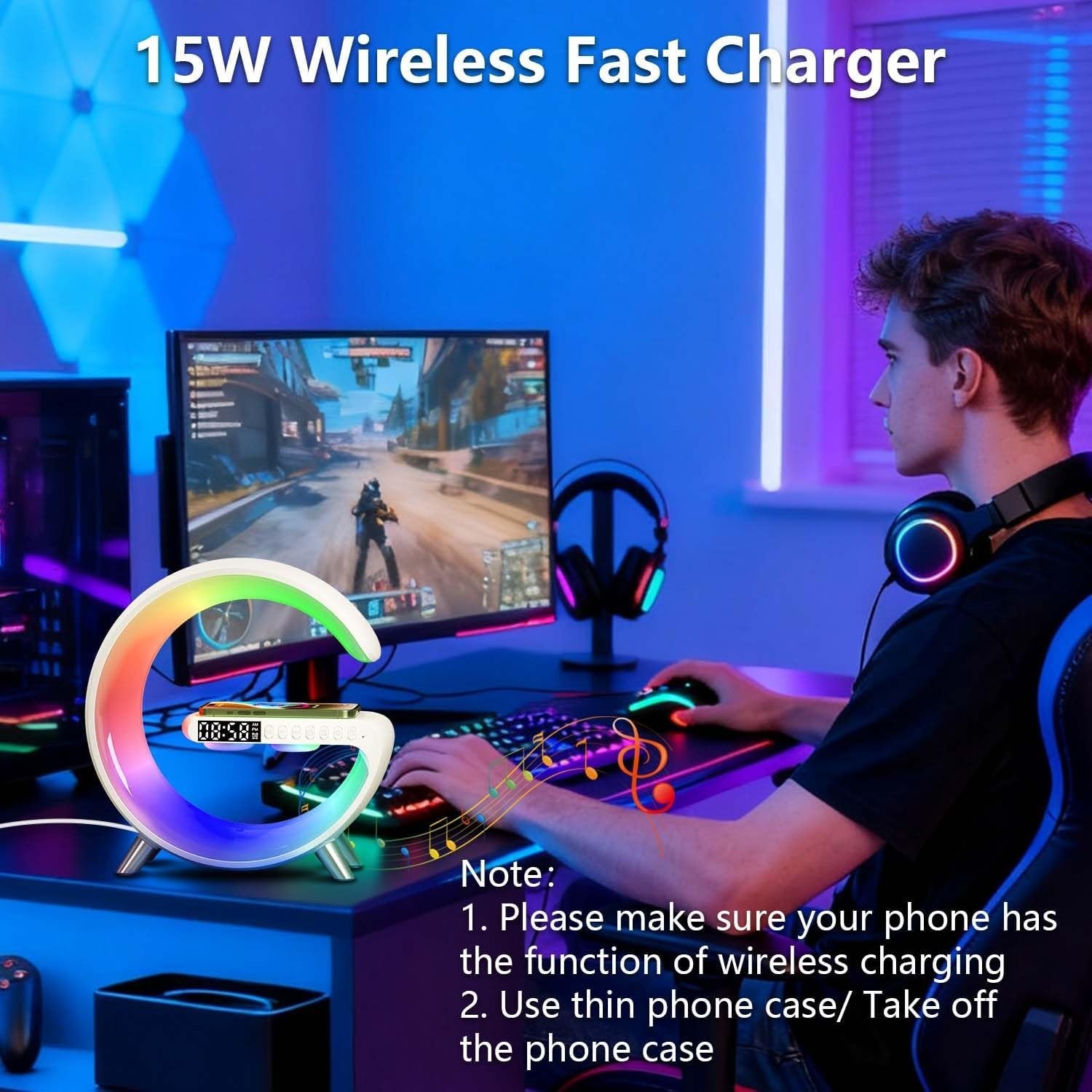 White RGB G-Shape Wireless Charger Lamp 15W Bluetooth Speaker Alarm Clock