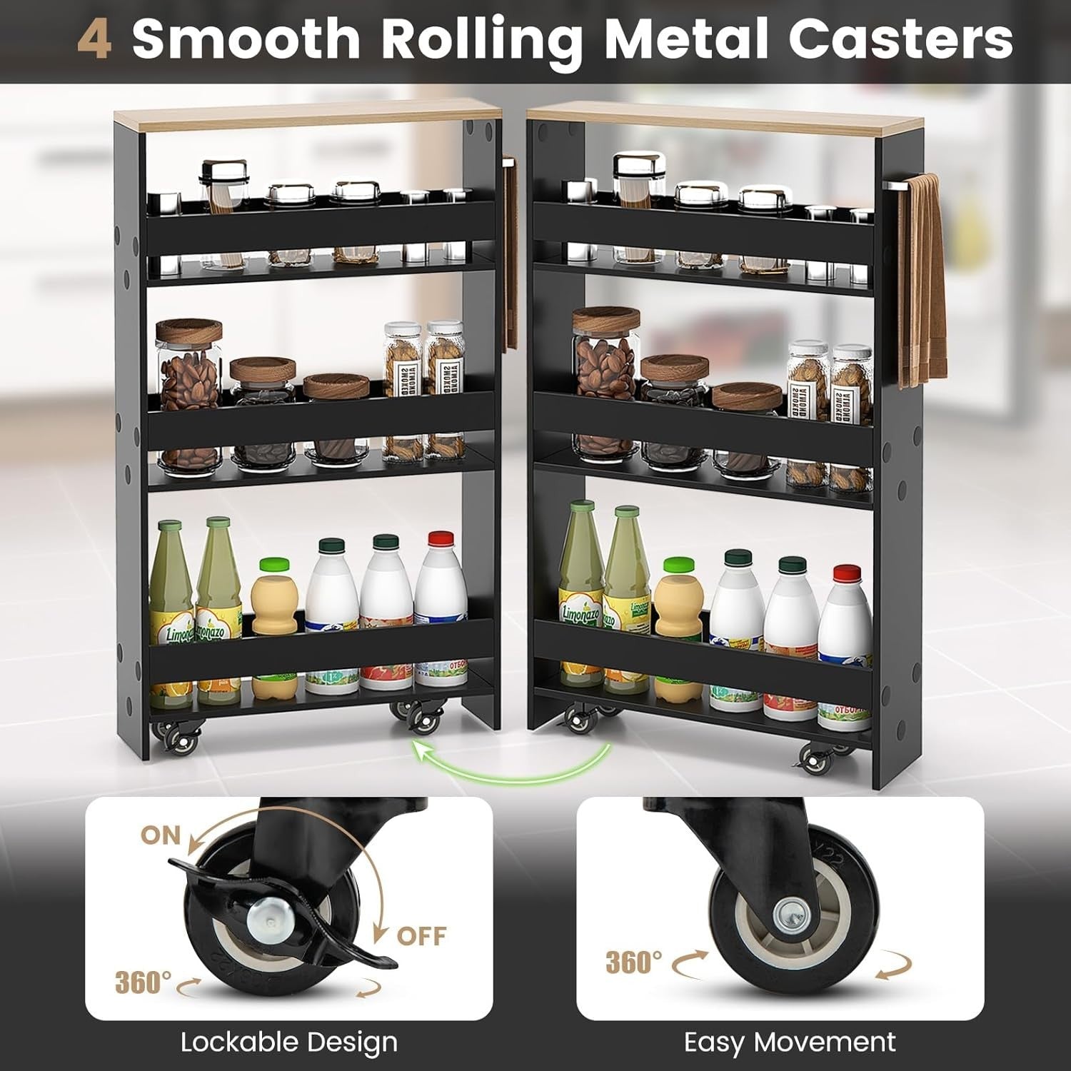 Slim 4 Tier Rolling Storage Cart Narrow Utility Trolley Black Natural