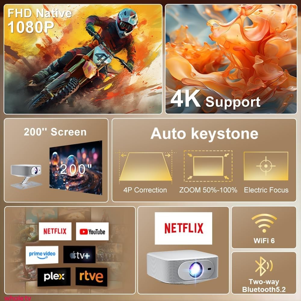 Smart 1080P Projector WiFi 6 Bluetooth Electric Focus Auto Keystone 4K