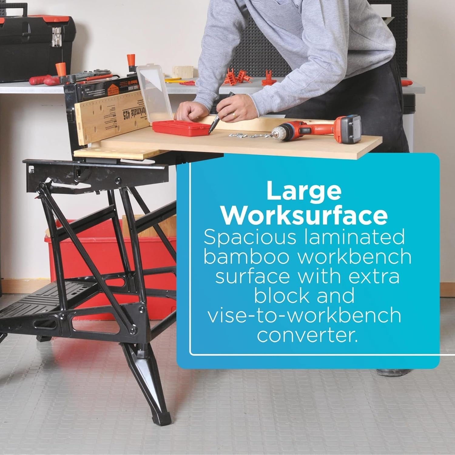 Portable Folding Workbench 550lb Capacity with Clamps Steel Frame Bamboo Top