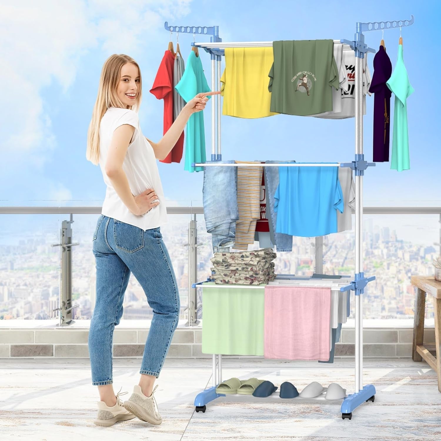 4 Tier Clothes Airer Folding Laundry Drying Rack Wheels Stainless Steel