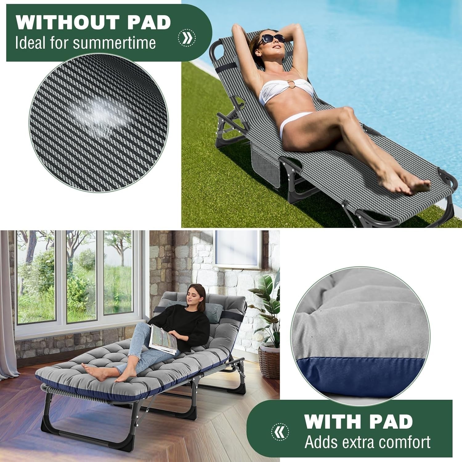 Portable Folding Garden Sun Lounger with Adjustable Backrest & Cushion