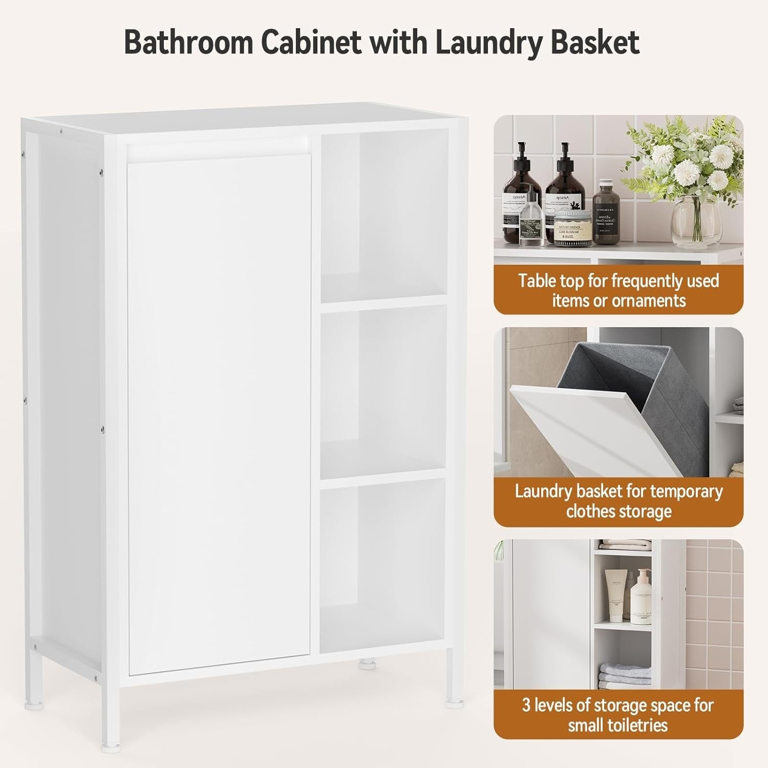 Bathroom Storage Cabinet with Laundry Basket 3 Tier Shelves White Slim Unit