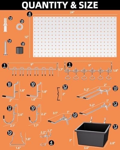 Metal Pegboard Wall Organizer Kit 48x24 Inch 158pcs Hooks White